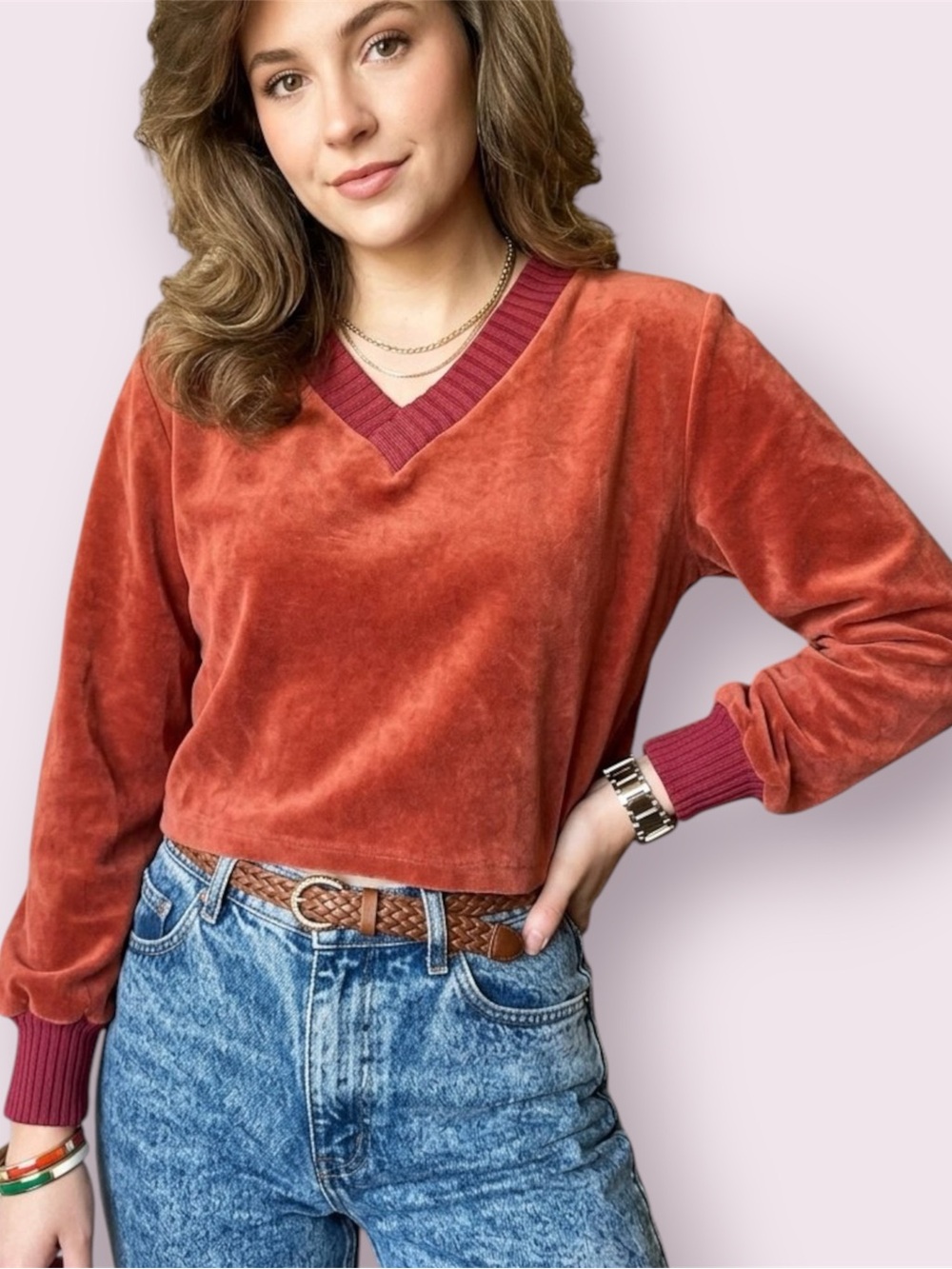 Vintage 1980s Velour Long Sleeve Crop Top From Sears Rust Size Medium